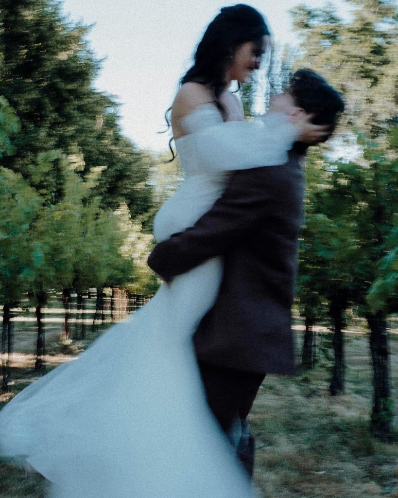 Bride and groom spinning joyful motion blur outdoor wedding forest Events by Aubrie