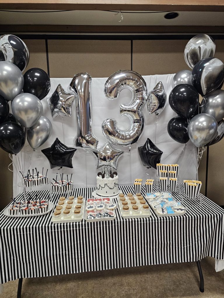 13th birthday dessert table silver balloons cake sweets display Aubrie